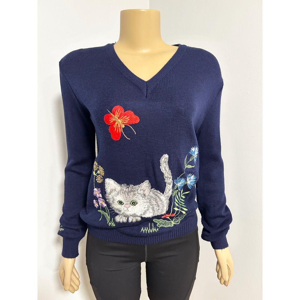 Vintage Shirlee Designs Navy Blue Embroidered Cat Kitten Floral Sweater Large
